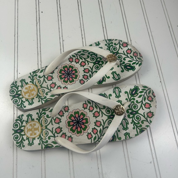 Tory Burch Green Pink Floral Pattern Garden Party flip flops Women’s Size 11-12 - Picture 4 of 8